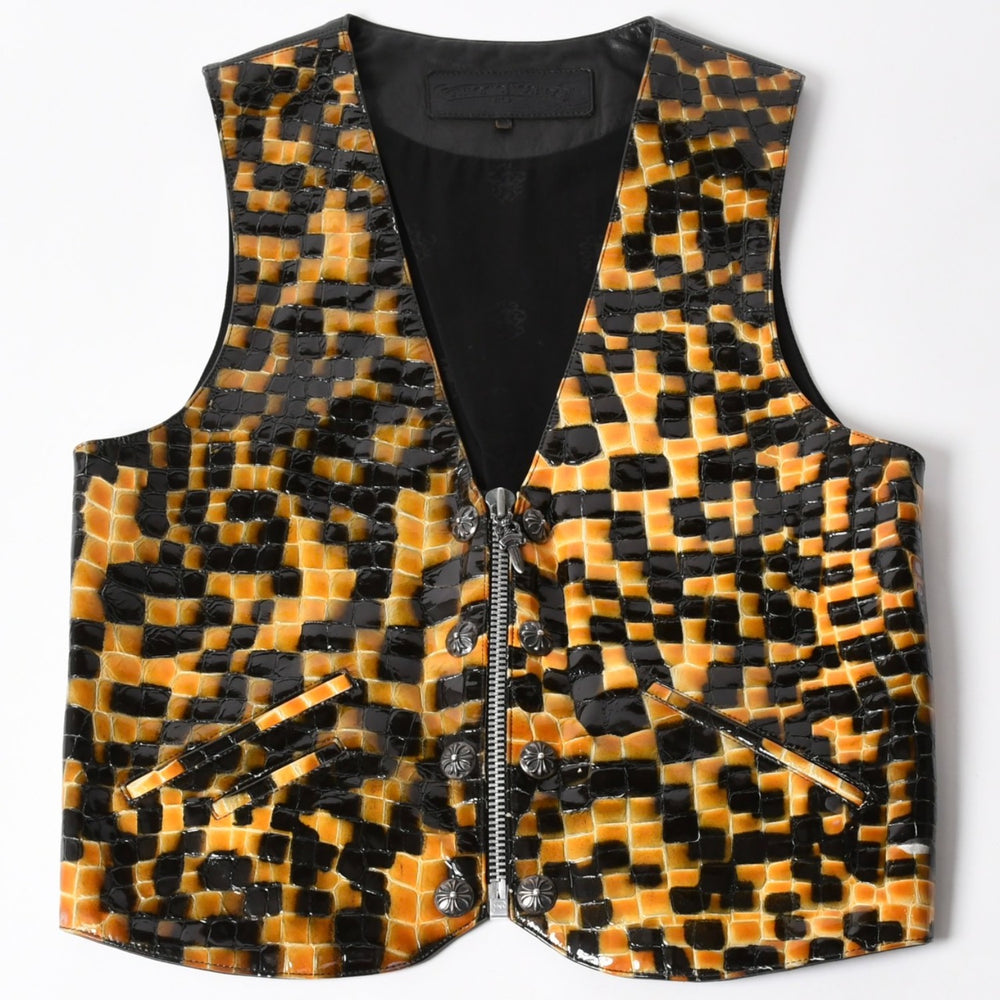 CHROME HEARTS Enamel Checkerboard Leather Vest Dagger Zip Cross Ball Button Scroll Label Black M Size Silver 925 Good Condition Used 4a005032