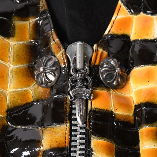CHROME HEARTS クロムハーツ エナメルチェッカーボード レザーベスト ダガージップ クロスボールボタン スクロールラベル ブラック Mサイズ シルバー925 美品 中古 4a005032