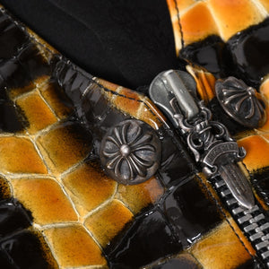 CHROME HEARTS クロムハーツ エナメルチェッカーボード レザーベスト ダガージップ クロスボールボタン スクロールラベル ブラック Mサイズ シルバー925 美品 中古 4a005032