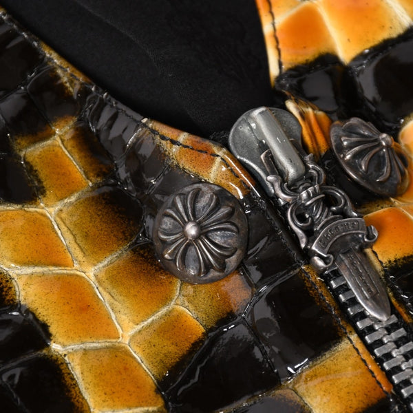 CHROME HEARTS クロムハーツ エナメルチェッカーボード レザーベスト ダガージップ クロスボールボタン スクロールラベル ブラック Mサイズ シルバー925 美品 中古 4a005032
