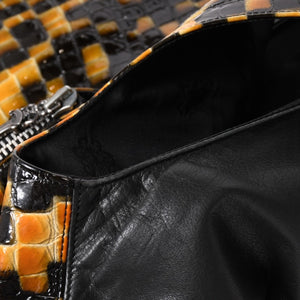 CHROME HEARTS クロムハーツ エナメルチェッカーボード レザーベスト ダガージップ クロスボールボタン スクロールラベル ブラック Mサイズ シルバー925 美品 中古 4a005032