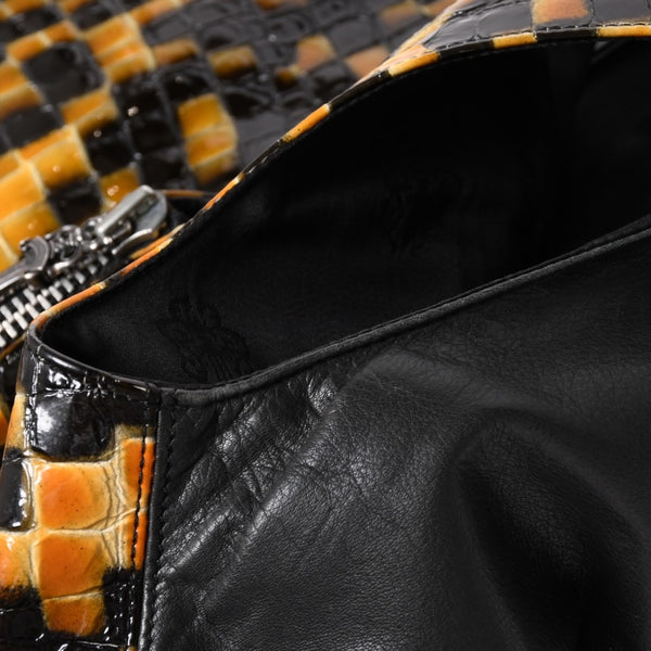 CHROME HEARTS クロムハーツ エナメルチェッカーボード レザーベスト ダガージップ クロスボールボタン スクロールラベル ブラック Mサイズ シルバー925 美品 中古 4a005032