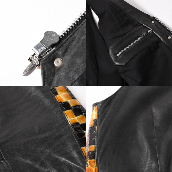CHROME HEARTS クロムハーツ エナメルチェッカーボード レザーベスト ダガージップ クロスボールボタン スクロールラベル ブラック Mサイズ シルバー925 美品 中古 4a005032