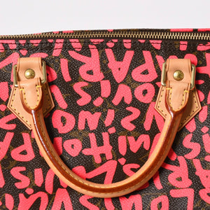 新品同様 LOUIS VUITTON ルイヴィトン モノグラム グラフィティ スピーディ30 ハンドバッグ M93704 ピンク PVC ヌメ革 中古 4a005022