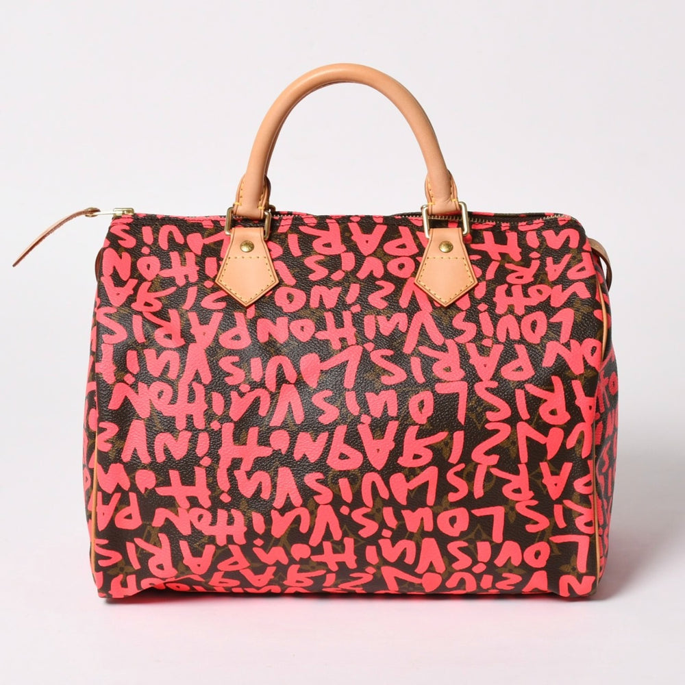 Like new LOUIS VUITTON Monogram Graffiti Speedy 30 Handbag M93704 Pink PVC Tanned Leather Used 4a005022
