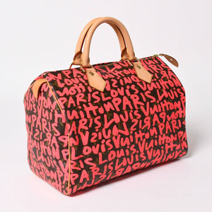 新品同様 LOUIS VUITTON ルイヴィトン モノグラム グラフィティ スピーディ30 ハンドバッグ M93704 ピンク PVC ヌメ革 中古 4a005022