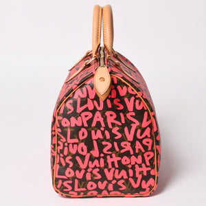 新品同様 LOUIS VUITTON ルイヴィトン モノグラム グラフィティ スピーディ30 ハンドバッグ M93704 ピンク PVC ヌメ革 中古 4a005022