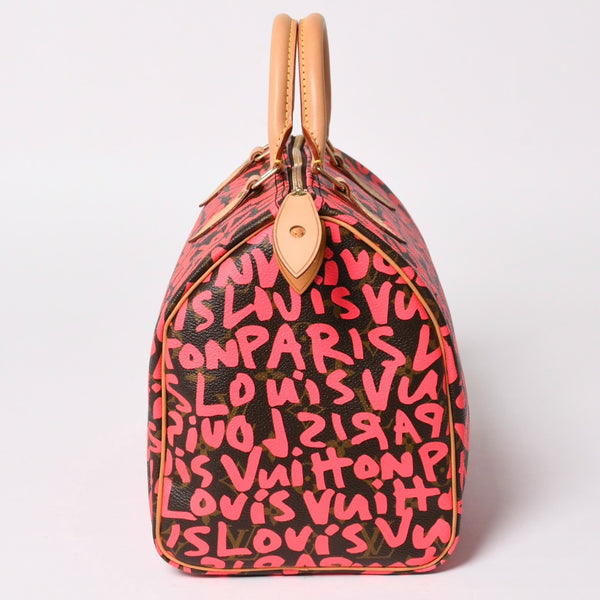 新品同様 LOUIS VUITTON ルイヴィトン モノグラム グラフィティ スピーディ30 ハンドバッグ M93704 ピンク PVC ヌメ革 中古 4a005022