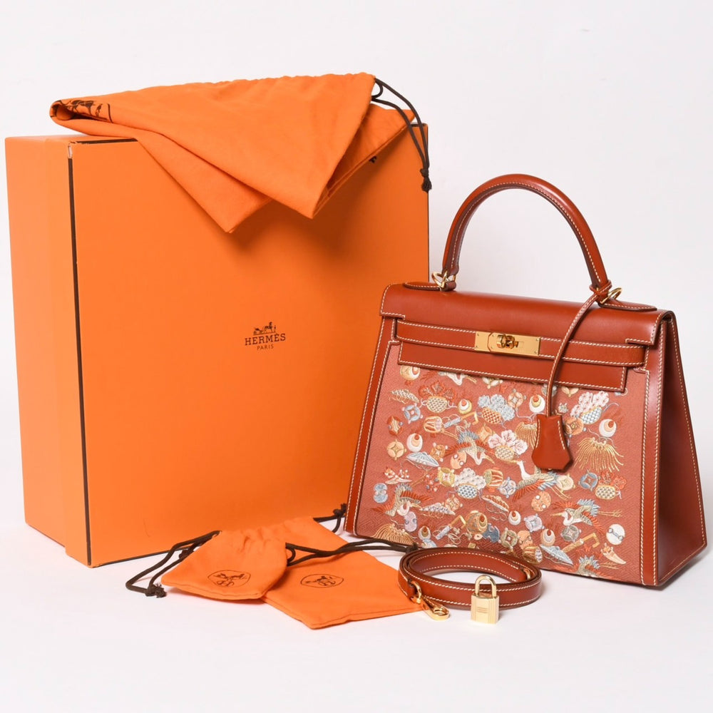 HERMES エルメス ケリー28 外縫い 京刺繍 着物 ボックスカーフ ブリック ゴールド金具 □J刻印 茶 美品 中古 4a005023