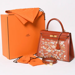 HERMES エルメス ケリー28 外縫い 京刺繍 着物 ボックスカーフ ブリック ゴールド金具 □J刻印 茶 美品 中古 4a005023