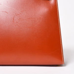 HERMES エルメス ケリー28 外縫い 京刺繍 着物 ボックスカーフ ブリック ゴールド金具 □J刻印 茶 美品 中古 4a005023