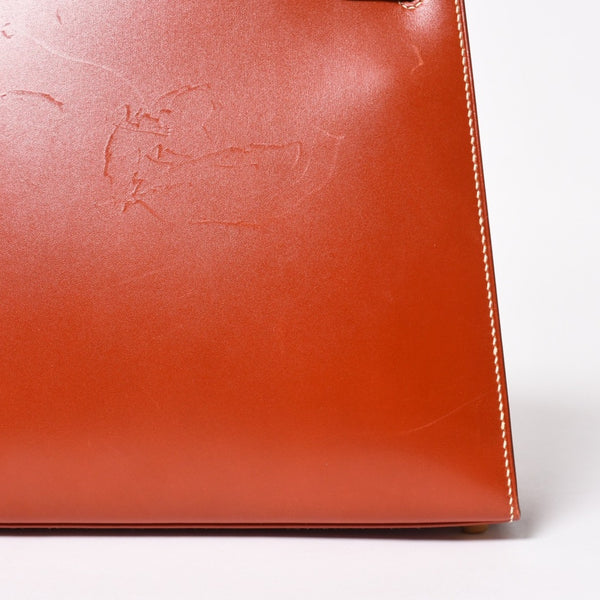 HERMES エルメス ケリー28 外縫い 京刺繍 着物 ボックスカーフ ブリック ゴールド金具 □J刻印 茶 美品 中古 4a005023