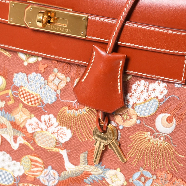 HERMES エルメス ケリー28 外縫い 京刺繍 着物 ボックスカーフ ブリック ゴールド金具 □J刻印 茶 美品 中古 4a005023