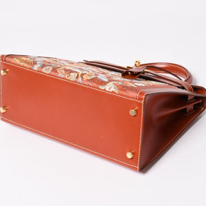 HERMES エルメス ケリー28 外縫い 京刺繍 着物 ボックスカーフ ブリック ゴールド金具 □J刻印 茶 美品 中古 4a005023