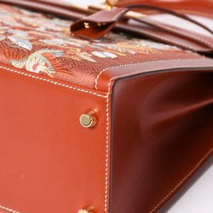 HERMES エルメス ケリー28 外縫い 京刺繍 着物 ボックスカーフ ブリック ゴールド金具 □J刻印 茶 美品 中古 4a005023