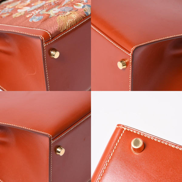 HERMES エルメス ケリー28 外縫い 京刺繍 着物 ボックスカーフ ブリック ゴールド金具 □J刻印 茶 美品 中古 4a005023