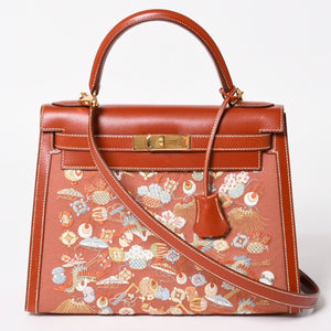 HERMES エルメス ケリー28 外縫い 京刺繍 着物 ボックスカーフ ブリック ゴールド金具 □J刻印 茶 美品 中古 4a005023