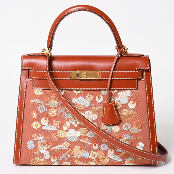 HERMES エルメス ケリー28 外縫い 京刺繍 着物 ボックスカーフ ブリック ゴールド金具 □J刻印 茶 美品 中古 4a005023