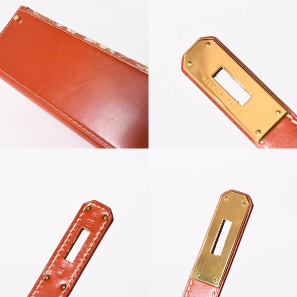 HERMES エルメス ケリー28 外縫い 京刺繍 着物 ボックスカーフ ブリック ゴールド金具 □J刻印 茶 美品 中古 4a005023