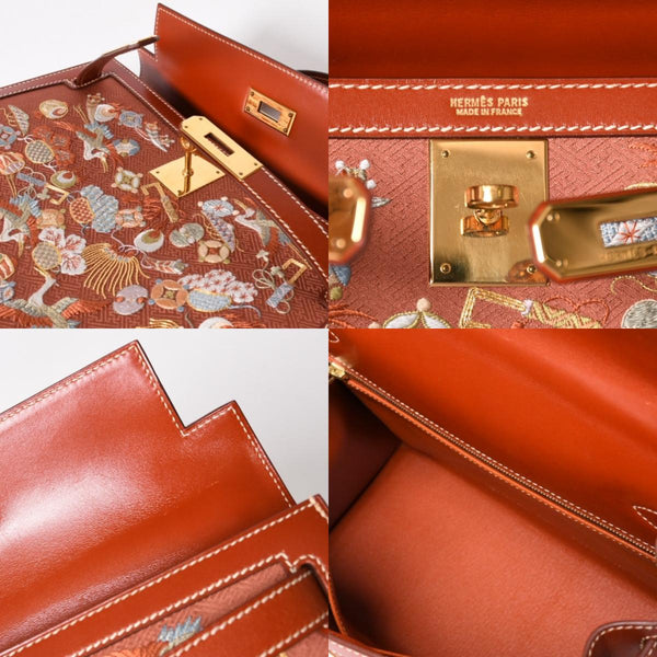 HERMES エルメス ケリー28 外縫い 京刺繍 着物 ボックスカーフ ブリック ゴールド金具 □J刻印 茶 美品 中古 4a005023