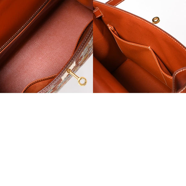 HERMES エルメス ケリー28 外縫い 京刺繍 着物 ボックスカーフ ブリック ゴールド金具 □J刻印 茶 美品 中古 4a005023