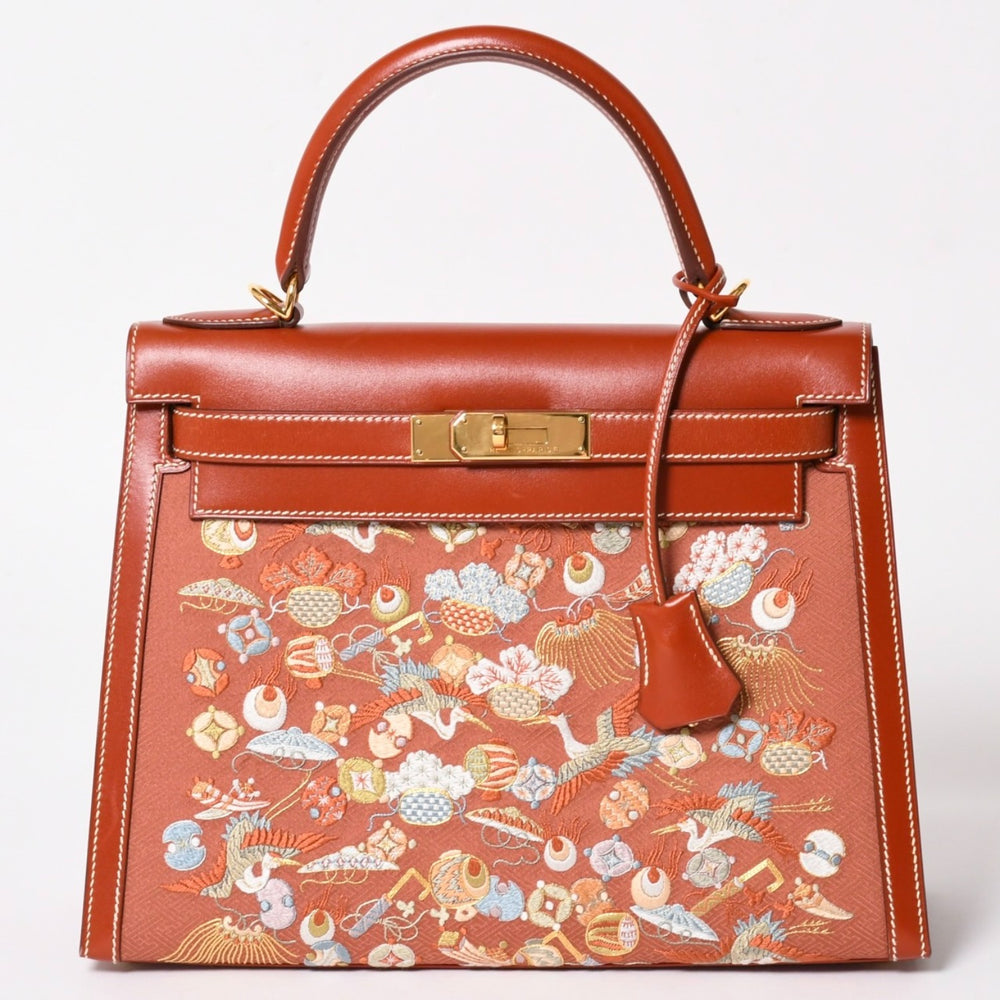 HERMES エルメス ケリー28 外縫い 京刺繍 着物 ボックスカーフ ブリック ゴールド金具 □J刻印 茶 美品 中古 4a005023
