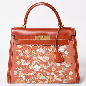 HERMES エルメス ケリー28 外縫い 京刺繍 着物 ボックスカーフ ブリック ゴールド金具 □J刻印 茶 美品 中古 4a005023