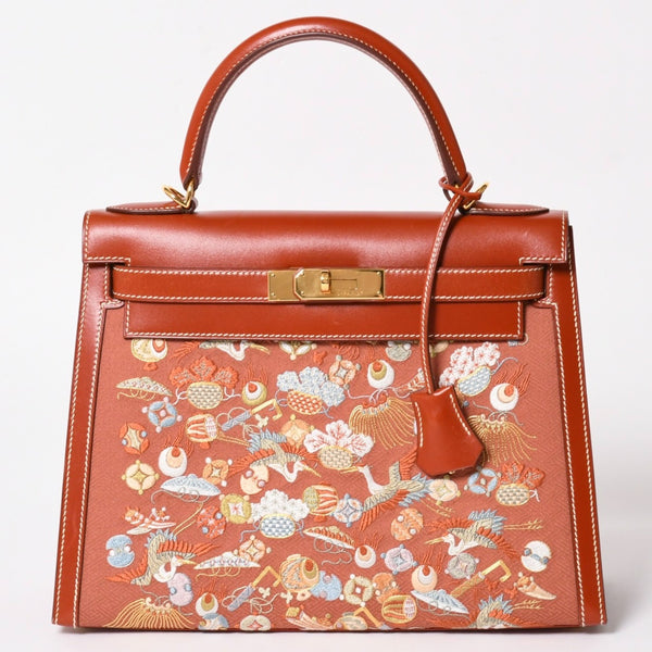 HERMES エルメス ケリー28 外縫い 京刺繍 着物 ボックスカーフ ブリック ゴールド金具 □J刻印 茶 美品 中古 4a005023