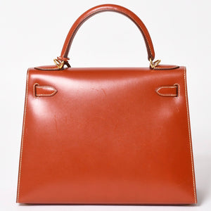 HERMES エルメス ケリー28 外縫い 京刺繍 着物 ボックスカーフ ブリック ゴールド金具 □J刻印 茶 美品 中古 4a005023