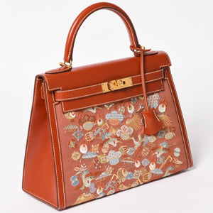 HERMES エルメス ケリー28 外縫い 京刺繍 着物 ボックスカーフ ブリック ゴールド金具 □J刻印 茶 美品 中古 4a005023