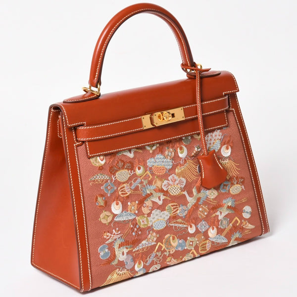 HERMES エルメス ケリー28 外縫い 京刺繍 着物 ボックスカーフ ブリック ゴールド金具 □J刻印 茶 美品 中古 4a005023