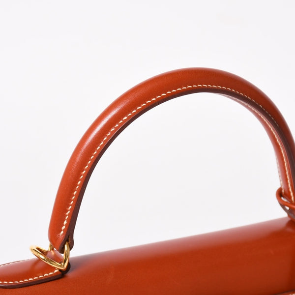 HERMES エルメス ケリー28 外縫い 京刺繍 着物 ボックスカーフ ブリック ゴールド金具 □J刻印 茶 美品 中古 4a005023