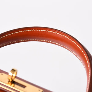 HERMES エルメス ケリー28 外縫い 京刺繍 着物 ボックスカーフ ブリック ゴールド金具 □J刻印 茶 美品 中古 4a005023