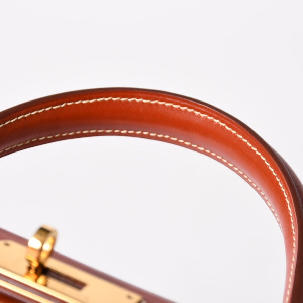HERMES エルメス ケリー28 外縫い 京刺繍 着物 ボックスカーフ ブリック ゴールド金具 □J刻印 茶 美品 中古 4a005023