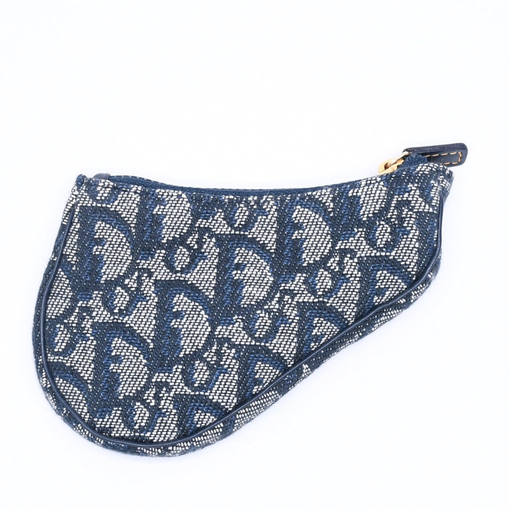 Christian Dior クリスチャンディオール コインケース ポーチ トロッター サドル キャンバス グレー ネイビー TR0061 ゴールド金具 美品 中古 4a005024