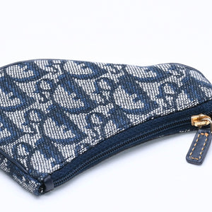 Christian Dior クリスチャンディオール コインケース ポーチ トロッター サドル キャンバス グレー ネイビー TR0061 ゴールド金具 美品 中古 4a005024