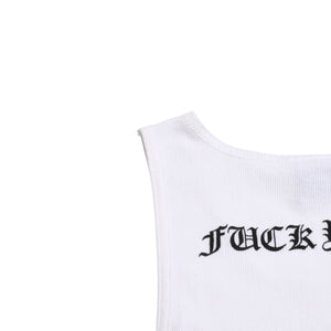 極美品 CHROME HEARTS クロムハーツ タンクトップ サイズL FUCK YOU CHクロス オールドイングリッシュロゴ ホワイト 中古 4a005029