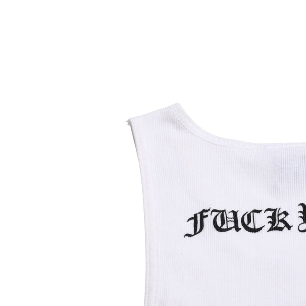 極美品 CHROME HEARTS クロムハーツ タンクトップ サイズL FUCK YOU CHクロス オールドイングリッシュロゴ ホワイト 中古 4a005029