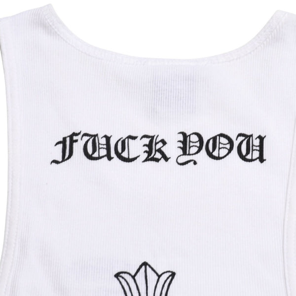 極美品 CHROME HEARTS クロムハーツ タンクトップ サイズL FUCK YOU CHクロス オールドイングリッシュロゴ ホワイト 中古 4a005029