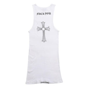 極美品 CHROME HEARTS クロムハーツ タンクトップ サイズL FUCK YOU CHクロス オールドイングリッシュロゴ ホワイト 中古 4a005029