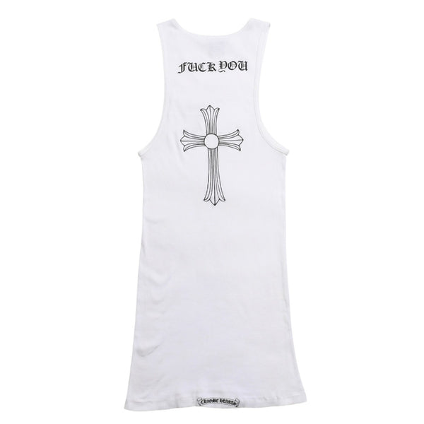 極美品 CHROME HEARTS クロムハーツ タンクトップ サイズL FUCK YOU CHクロス オールドイングリッシュロゴ ホワイト 中古 4a005029