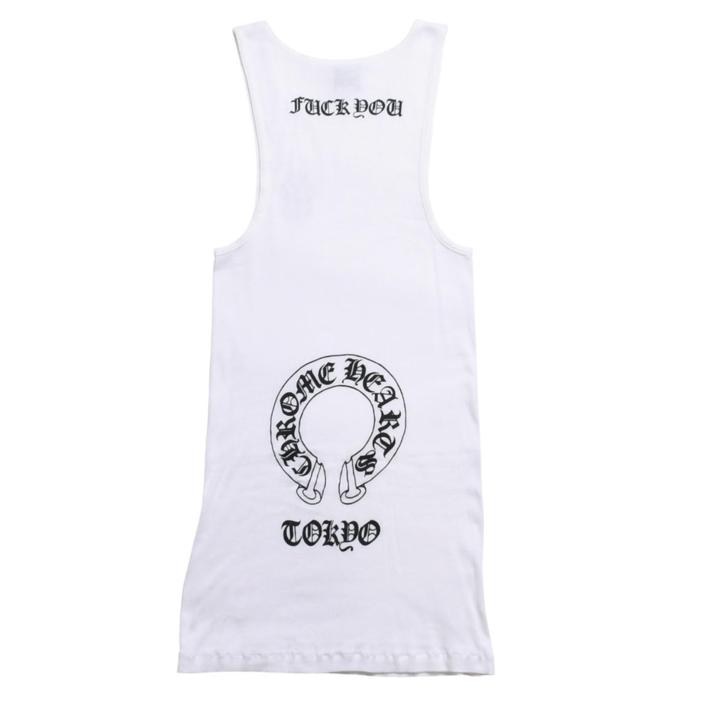 極美品 CHROME HEARTS クロムハーツ タンクトップ サイズL FUCK YOU ヴァインダガー ホースシュー ホワイト 東京限定 中古 4a005031