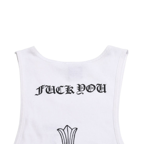 極美品 CHROME HEARTS クロムハーツ タンクトップ サイズL FUCK YOU CHクロス オールドイングリッシュロゴ ホワイト 中古 4a005029
