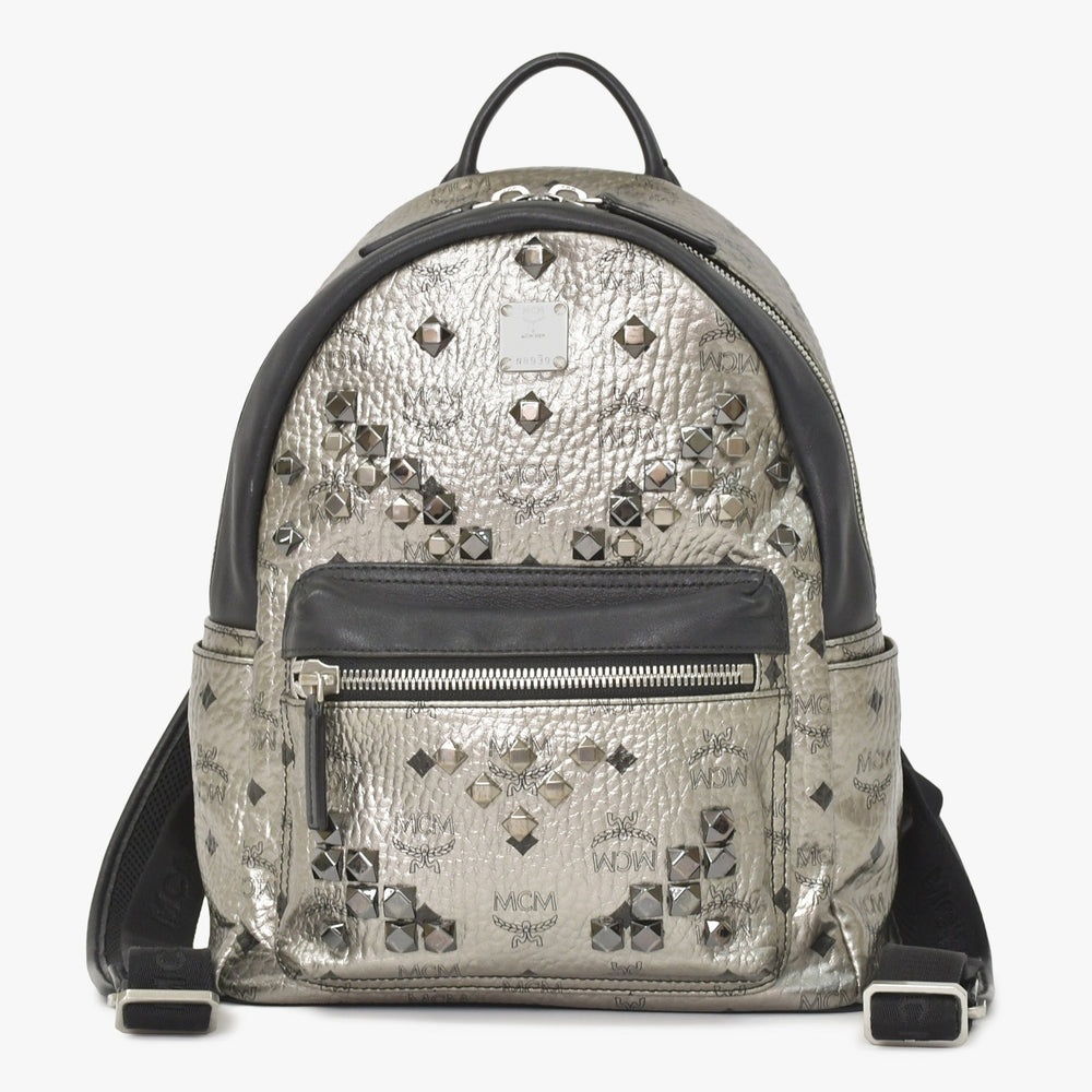 MCM エムシーエム リュックサック バックパック シルバー スタッズ メタリックシルバー ブラック 美品 中古 4a005036