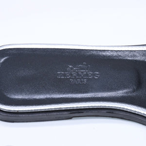 HERMES エルメス オラン スライドサンダル M13792 レザー シルバー ブラック Hモチーフカットアウト 36 1/2サイズ イタリア製 良品 中古 4a004934