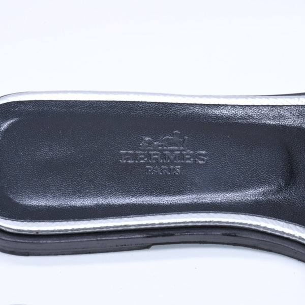 HERMES エルメス オラン スライドサンダル M13792 レザー シルバー ブラック Hモチーフカットアウト 36 1/2サイズ イタリア製 良品 中古 4a004934