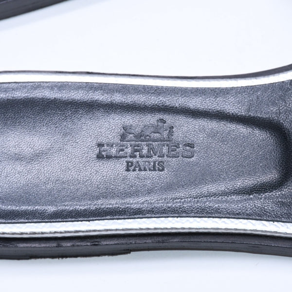 HERMES エルメス オラン スライドサンダル M13792 レザー シルバー ブラック Hモチーフカットアウト 36 1/2サイズ イタリア製 良品 中古 4a004934