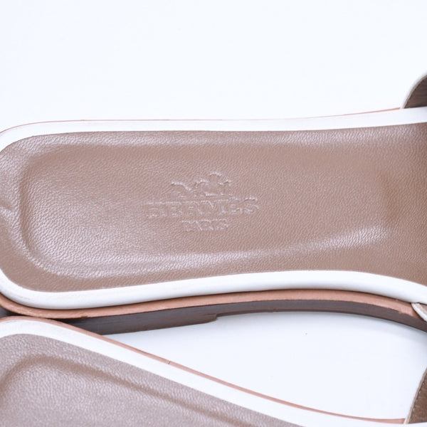HERMES エルメス オラン スライドサンダル M13792 レザー ホワイト ブラウン Hモチーフカットアウト 36 1/2サイズ イタリア製 良品 中古 4a004935