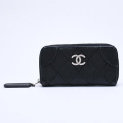 CHANEL Leather Wallet Card Case Coco Mark Wild Stitch Caviar Skin No. 10 Black Silver Hardware Good Condition Used 4a005094