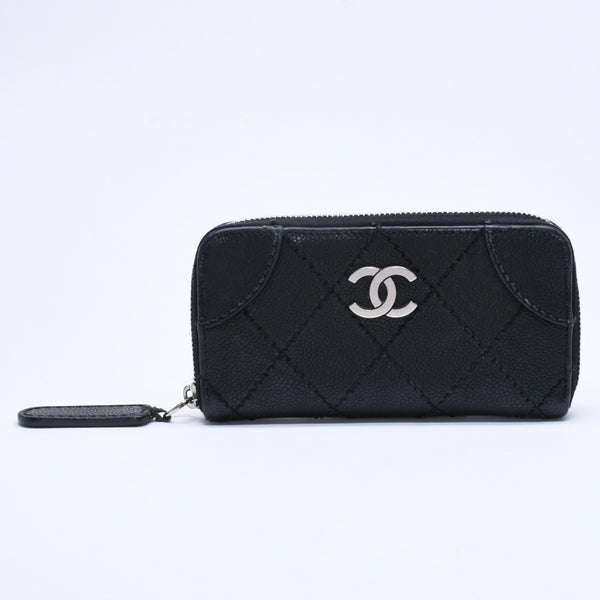CHANEL Leather Wallet Card Case Coco Mark Wild Stitch Caviar Skin No. 10 Black Silver Hardware Good Condition Used 4a005094